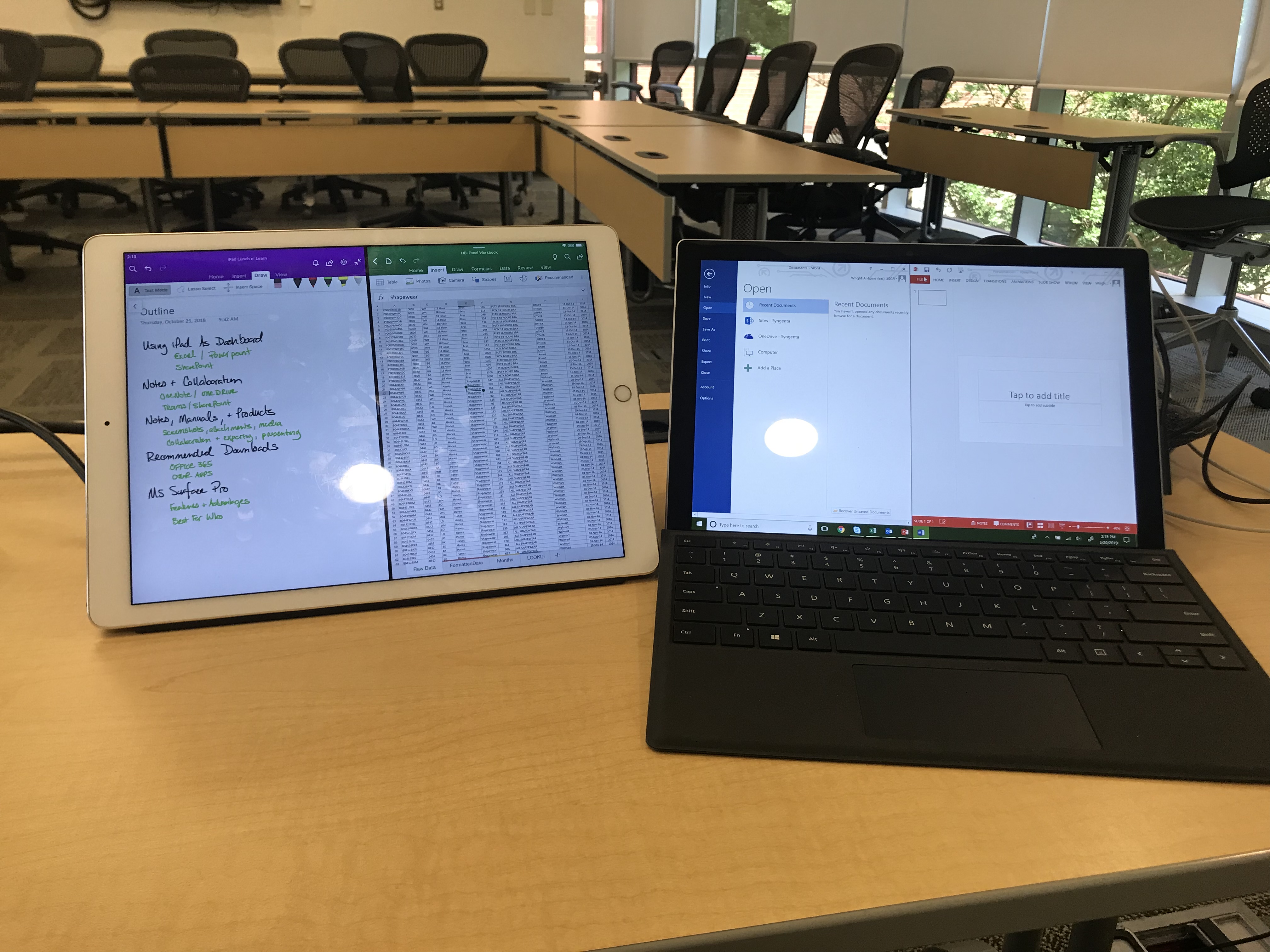 iPad Pro next to Surface Pro 4 -both showing worksapces for workshop lesson