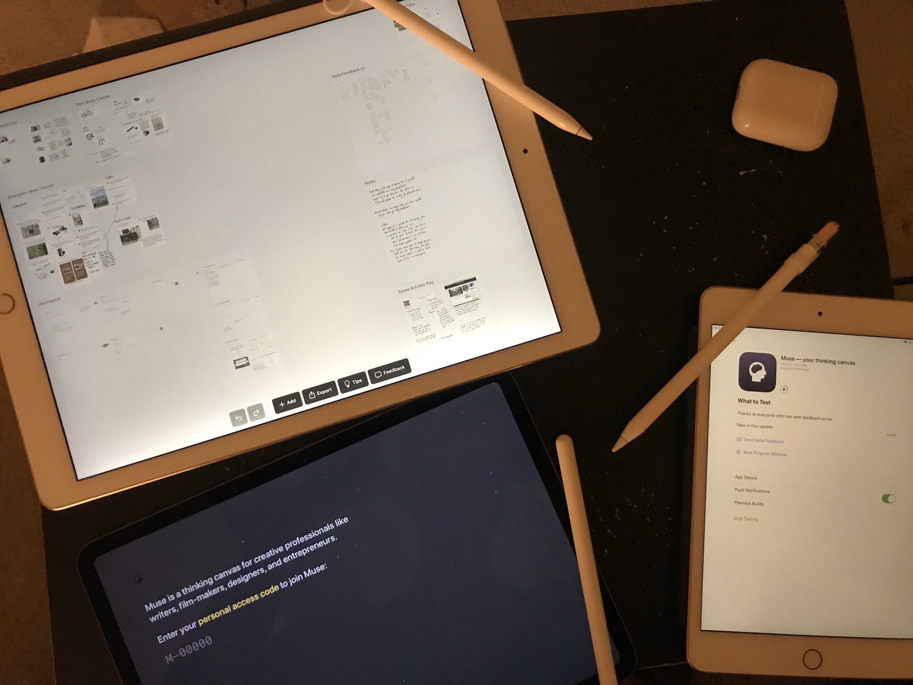 Three ipad devices showing the Muse beta